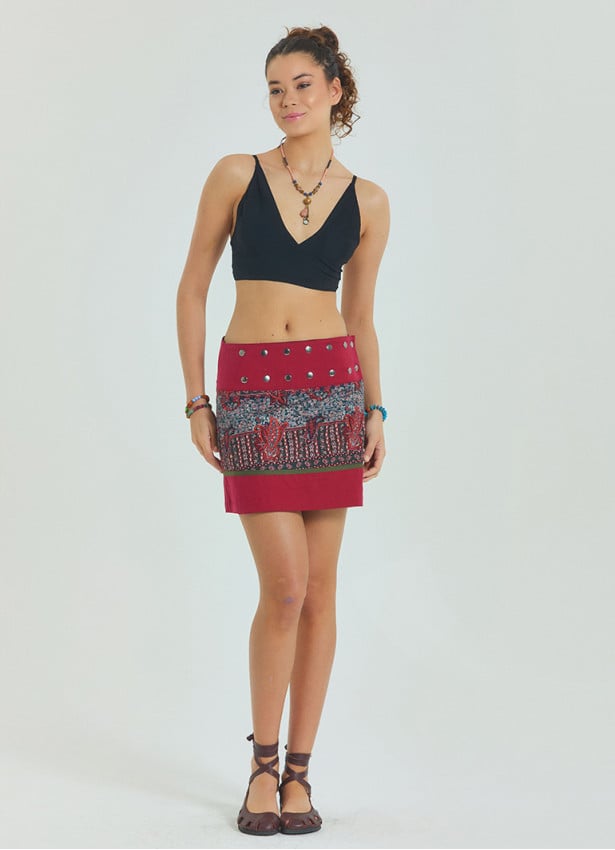 Snap Closure Patchwork Wrap Green Ethnic Skirt 4671